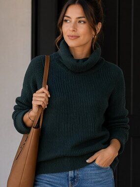 CAbi Cotton Cowl Neck Ruched Pullover Sweater Green S